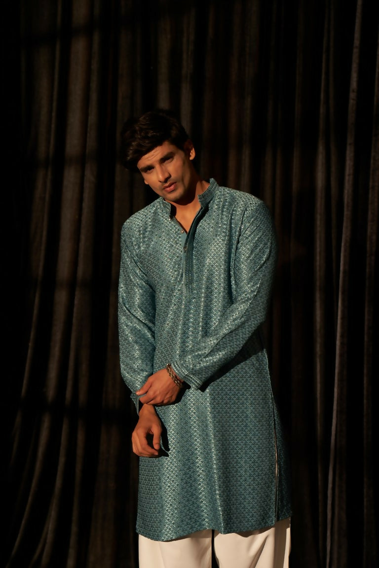Blue viscose Chikankari Embroidery Work Men's Traditional Kurta Set - Mahotsav