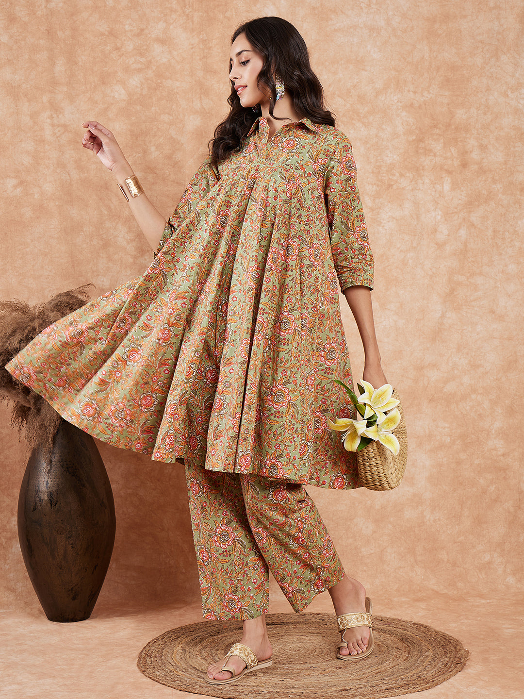 InWeave Women's Pear Green Orange Floral Print Flared Kurta Pant Set