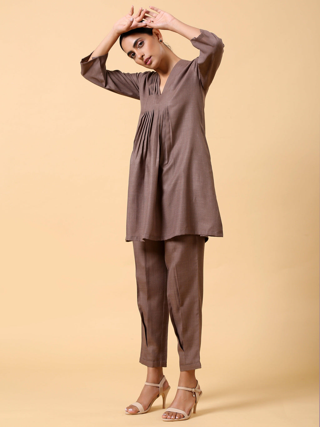 trueBrowns Cotton Linen Burnt Brown Pleated Co-Ord Set