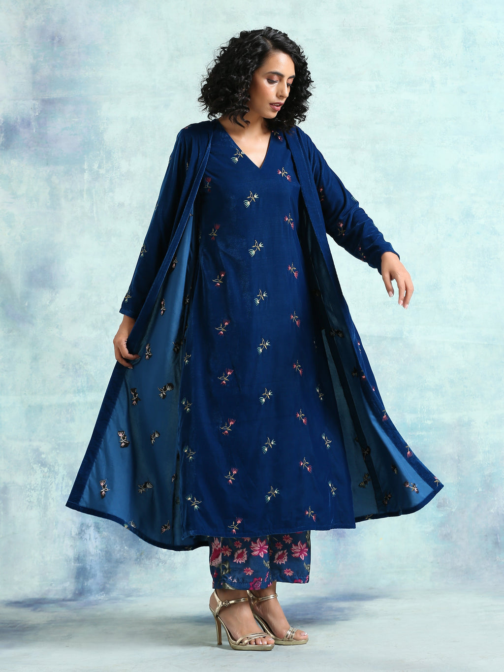 trueBrowns Blue Embroidered Velvet Overlay Jacket