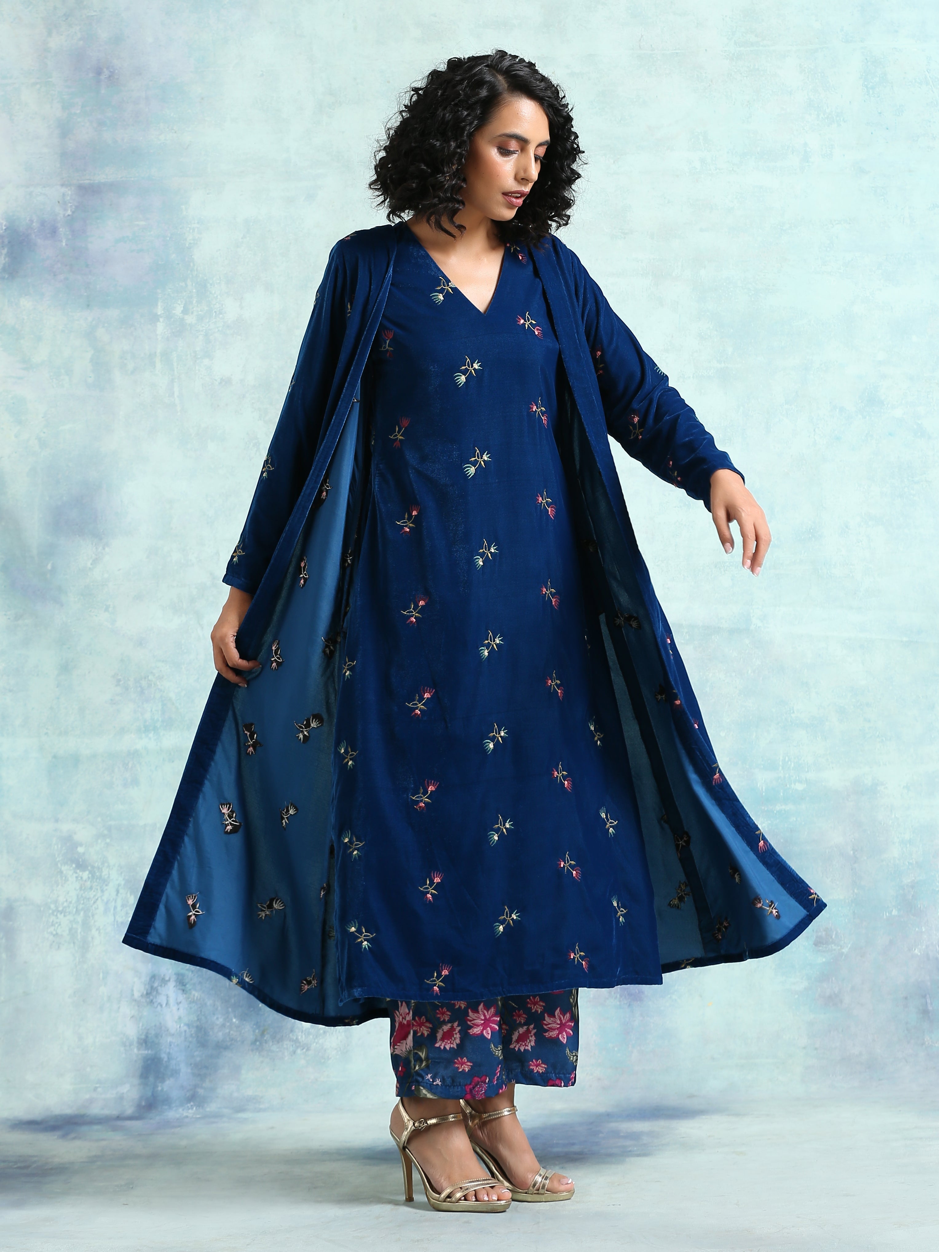 trueBrowns Blue Embroidered Velvet Overlay Jacket