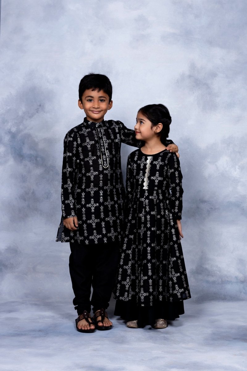 Ahalyaa Boys Black Chanderi Gold Printed Kids Kurta Churidar Set