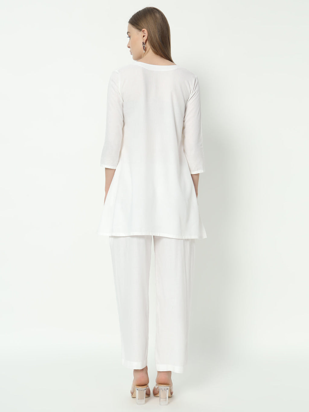 Fab Fashion White Pure Cotton V Neck Co-Ord Set