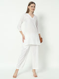 Fab Fashion White Pure Cotton V Neck Co-Ord Set