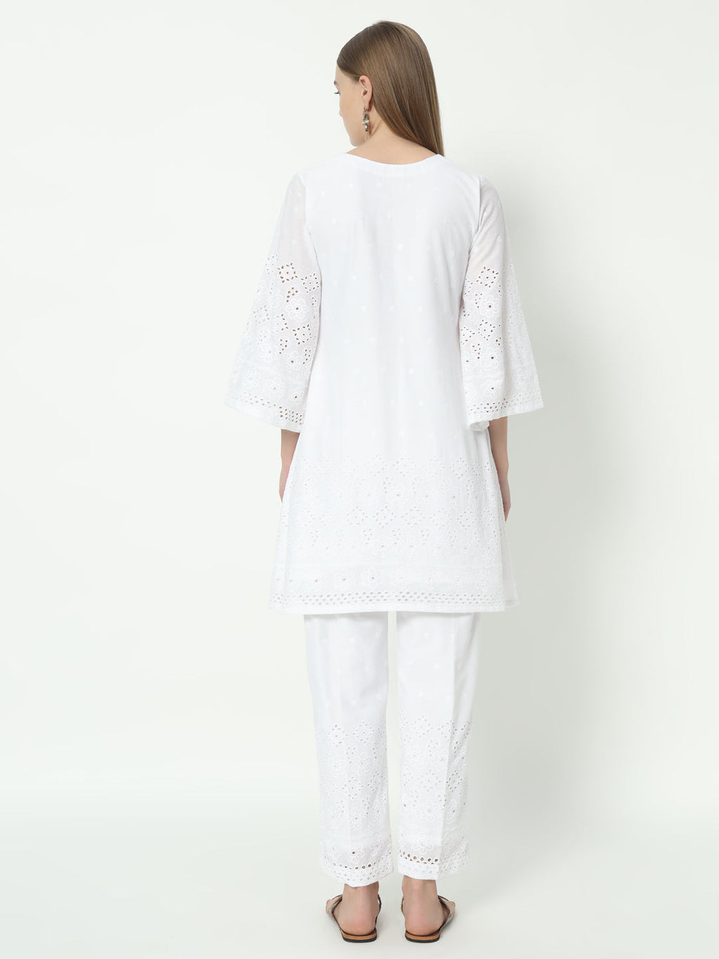 Fab Fashion White Chiken Kari Co-Ord Bell Sleeve V Neck Set