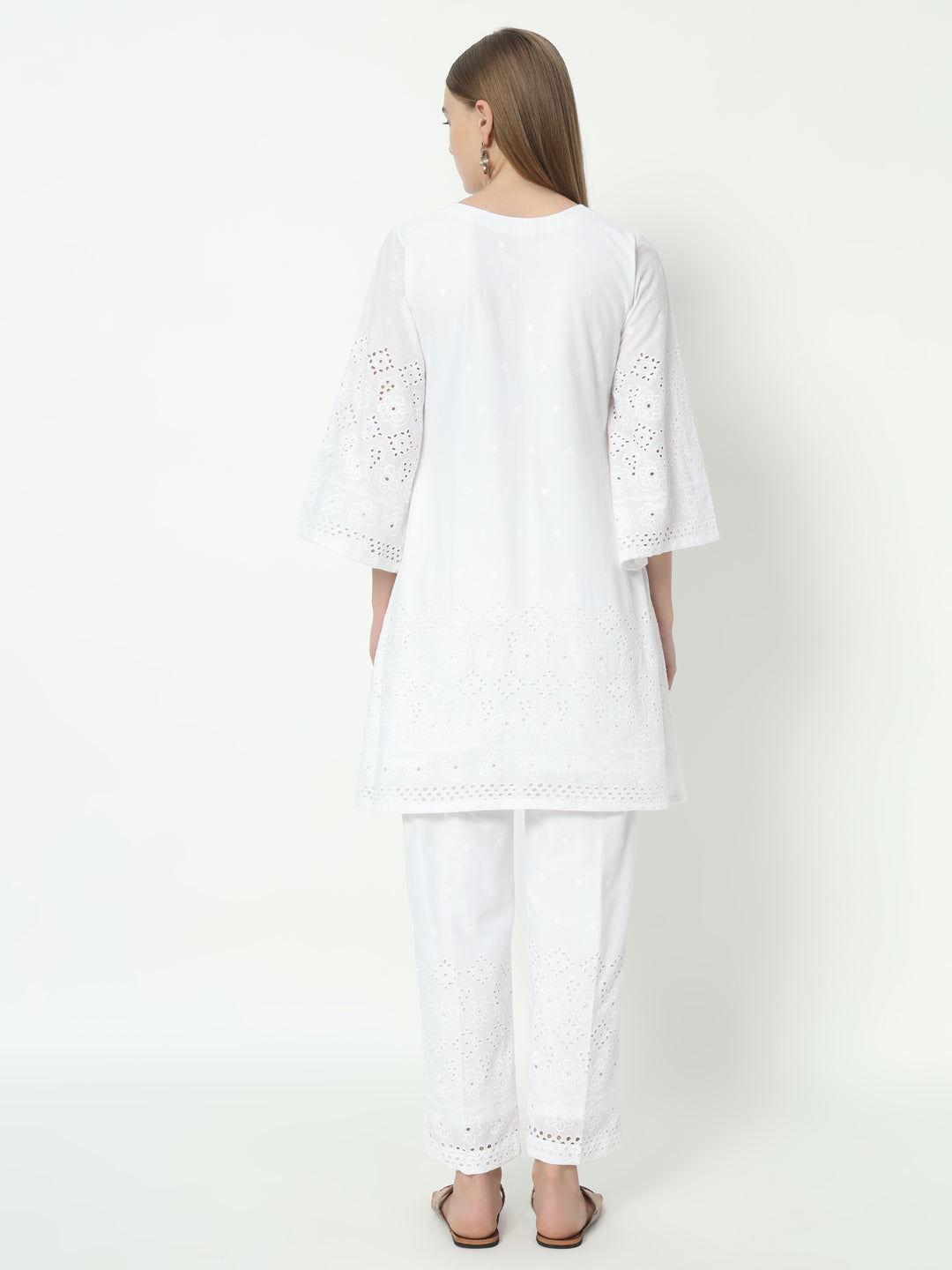Fab Fashion White Chiken Kari Co-Ord Bell Sleeve V Neck Set