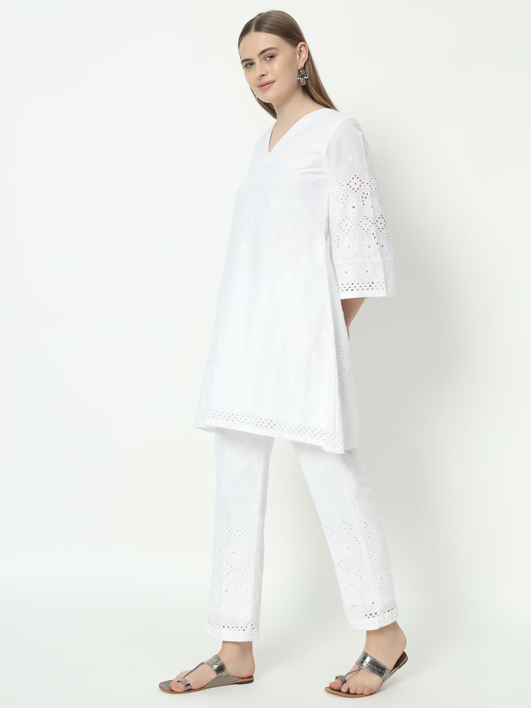 Fab Fashion White Chiken Kari Co-Ord Bell Sleeve V Neck Set