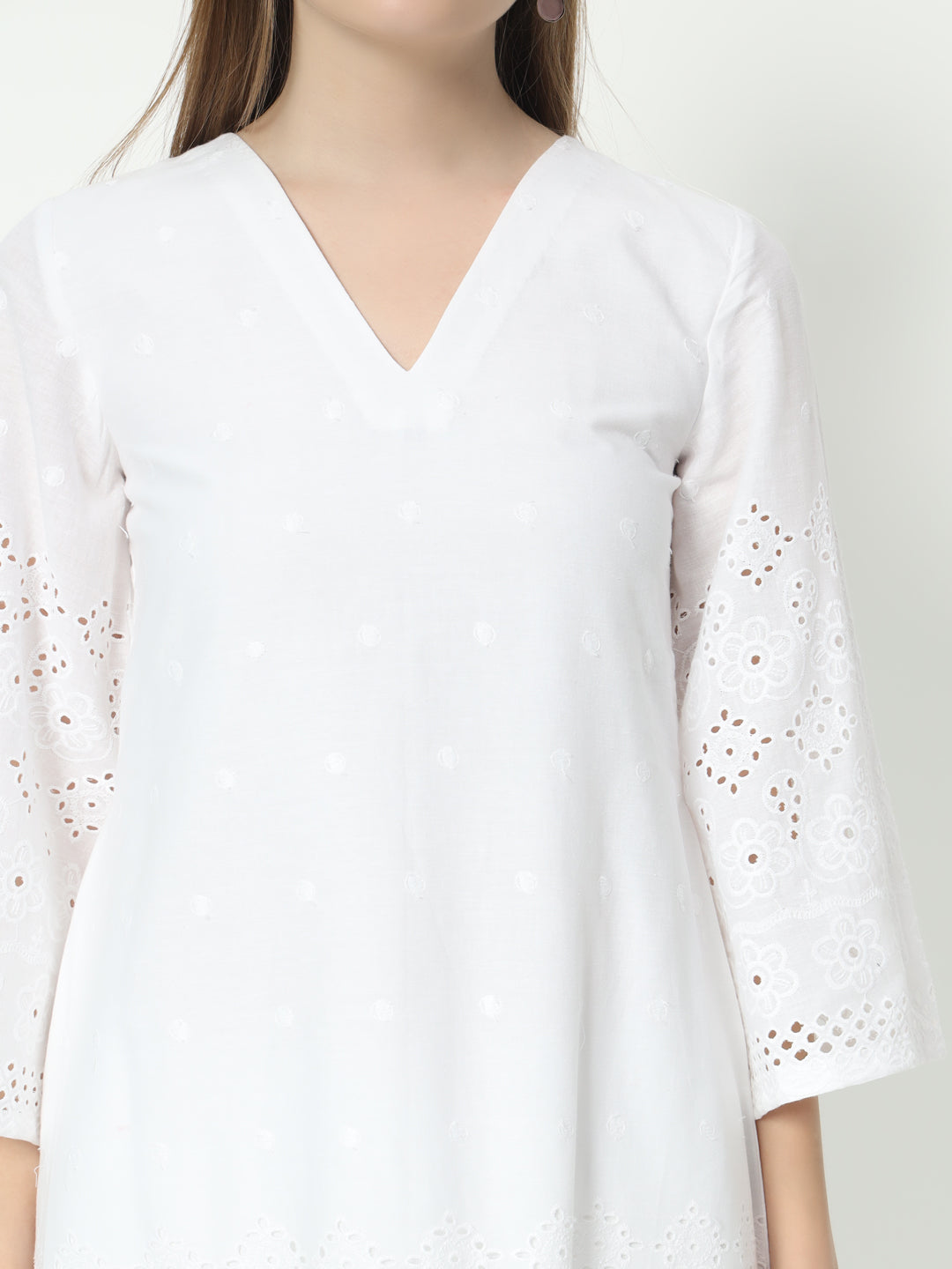 Fab Fashion White Chiken Kari Co-Ord Bell Sleeve V Neck Set