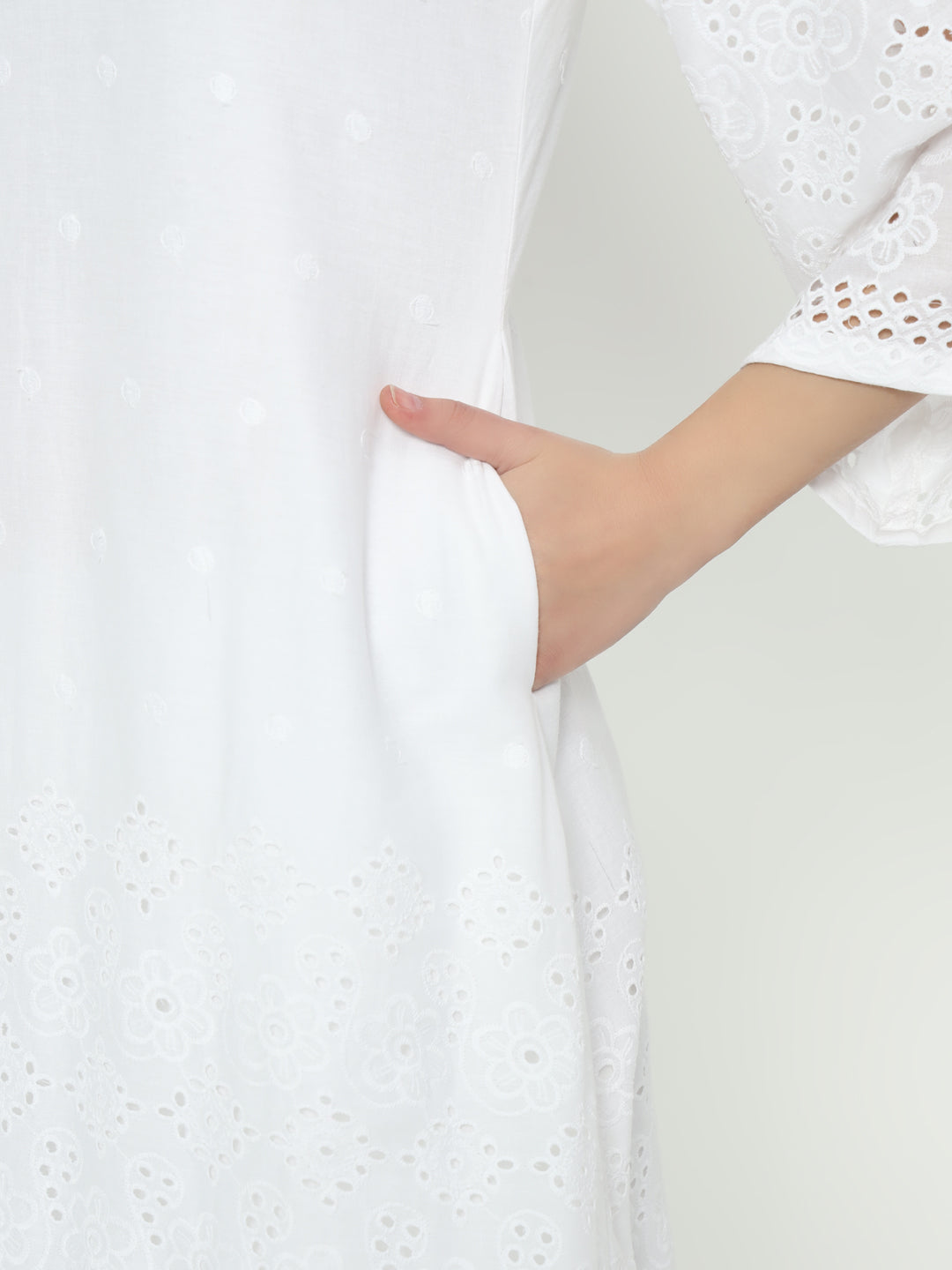 Fab Fashion White Chiken Kari Co-Ord Bell Sleeve V Neck Set