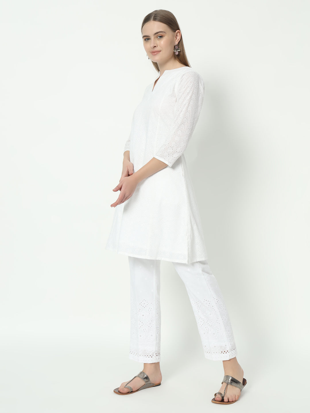 Fab Fashion Pannel White Chiken Kari Co-Ord Set With Round Cut Neck