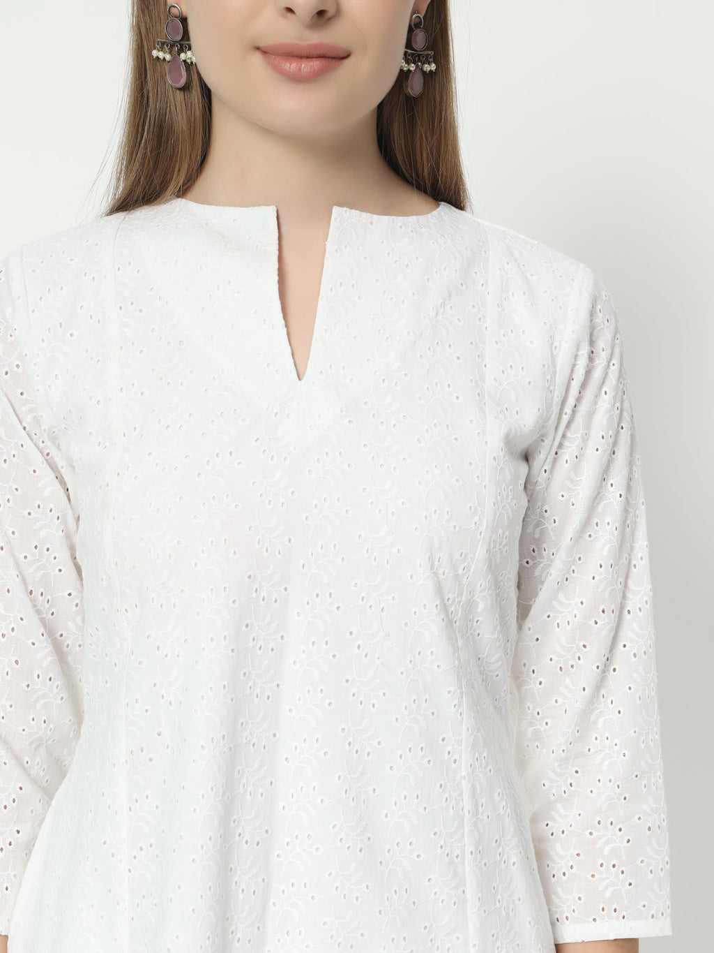 Fab Fashion Pannel White Chiken Kari Co-Ord Set With Round Cut Neck