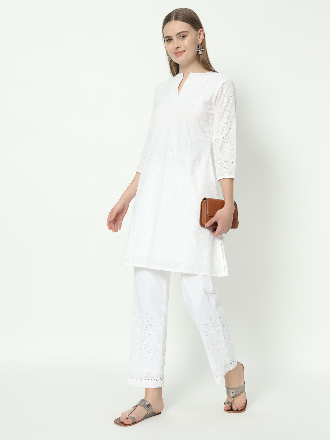 Fab Fashion Pannel White Chiken Kari Co-Ord Set With Round Cut Neck