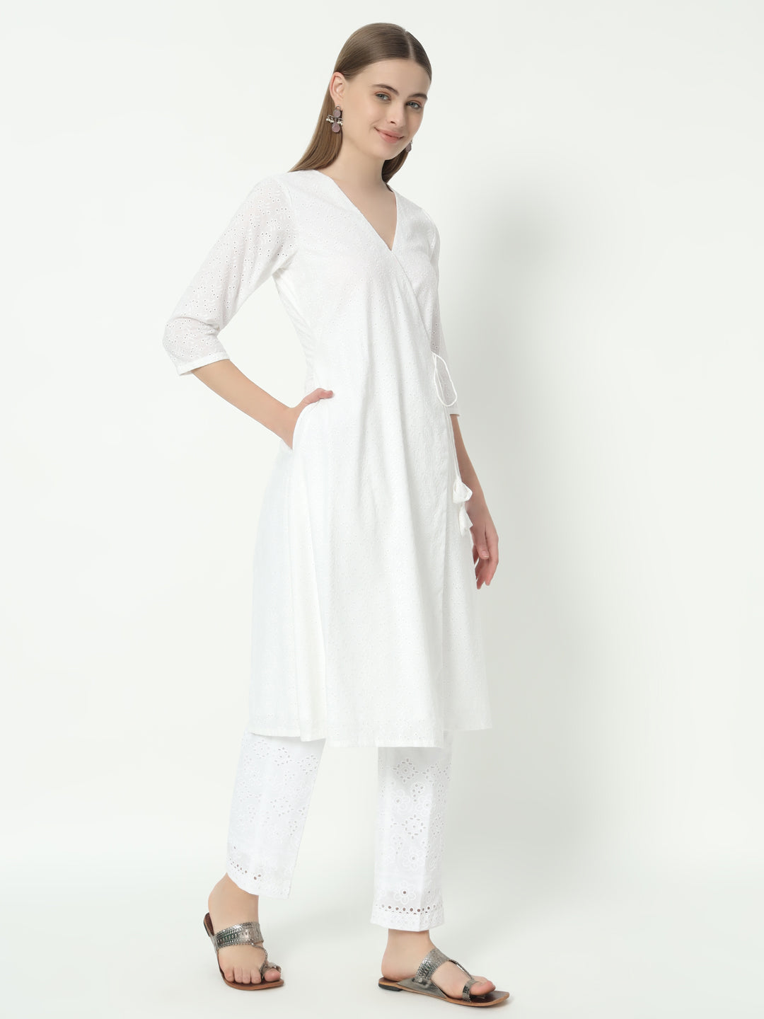 Fab Fashion Chiken Kari Angrakha V Neck Set