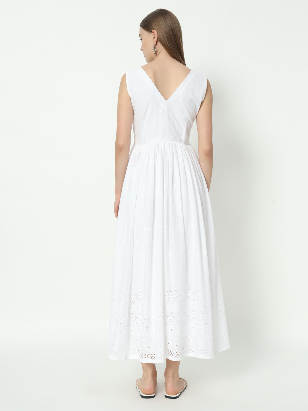 Fab Fashion White Chiken Kari V Neck Gadder Dress