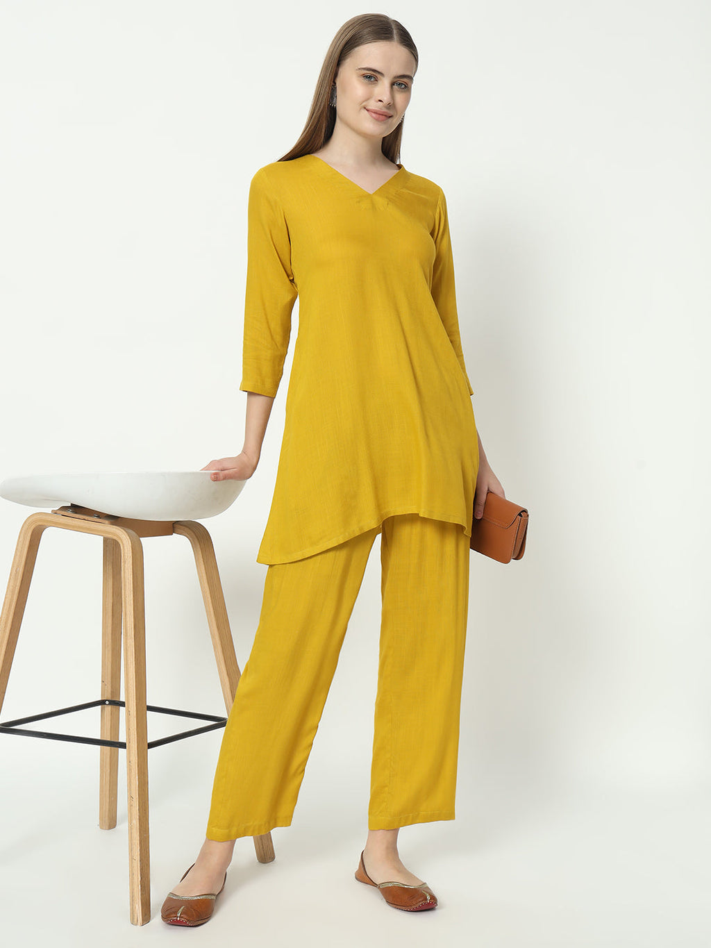 Fab Fashion Mustred Plain Pure Co-Ord Set