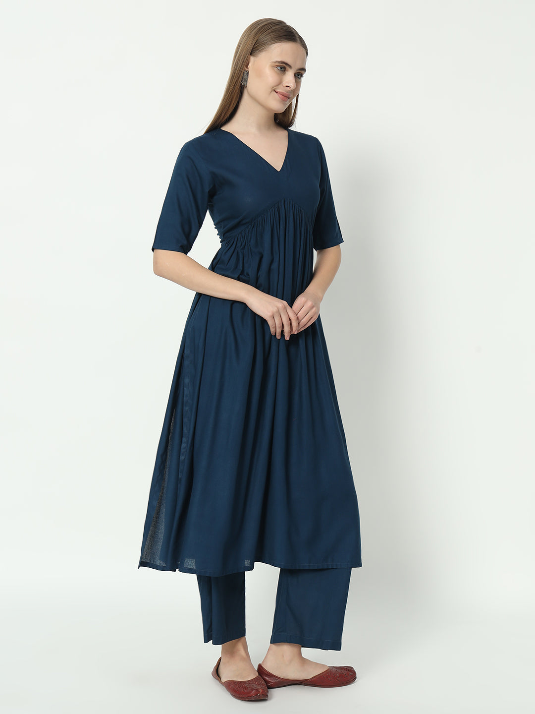 Fab Fashion Alia Cut Peacock Blue Pure Cotton V Neck Top+Pant