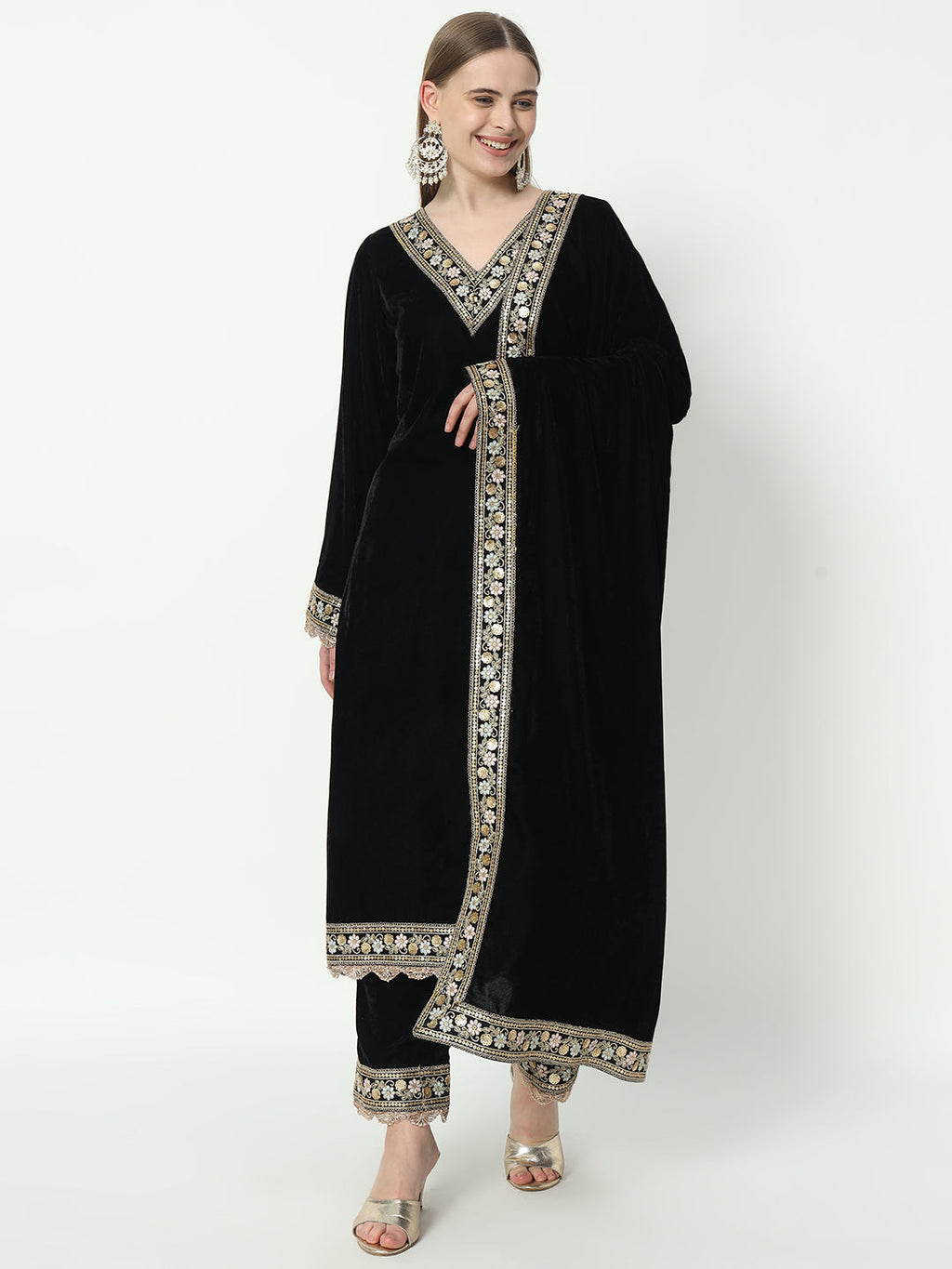 Fab Fashion Black Velvet Side High Slit Suit Full Set