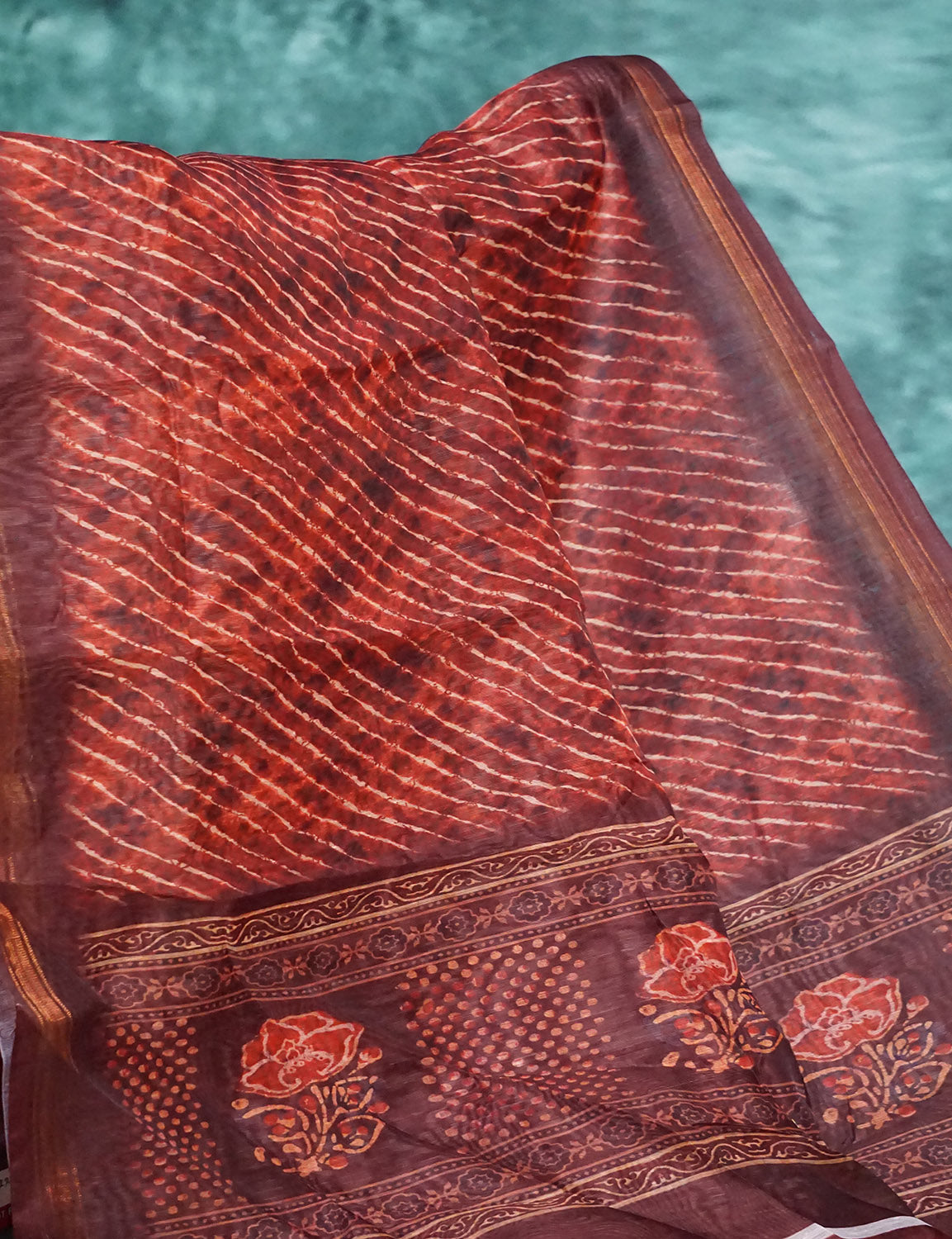 Dark Rust Colour With Leheriya Design All Over Semi Chanderi Saree By Gayathri Reddy Designer Studio