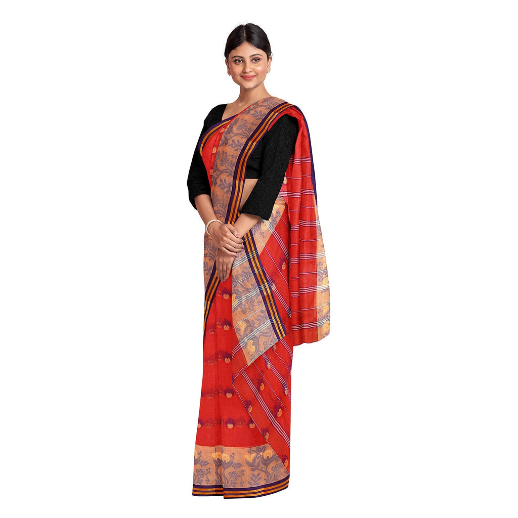 Exclusive Collection 100% Pure Cotton Red Tant Saree With Hand Weaving Work