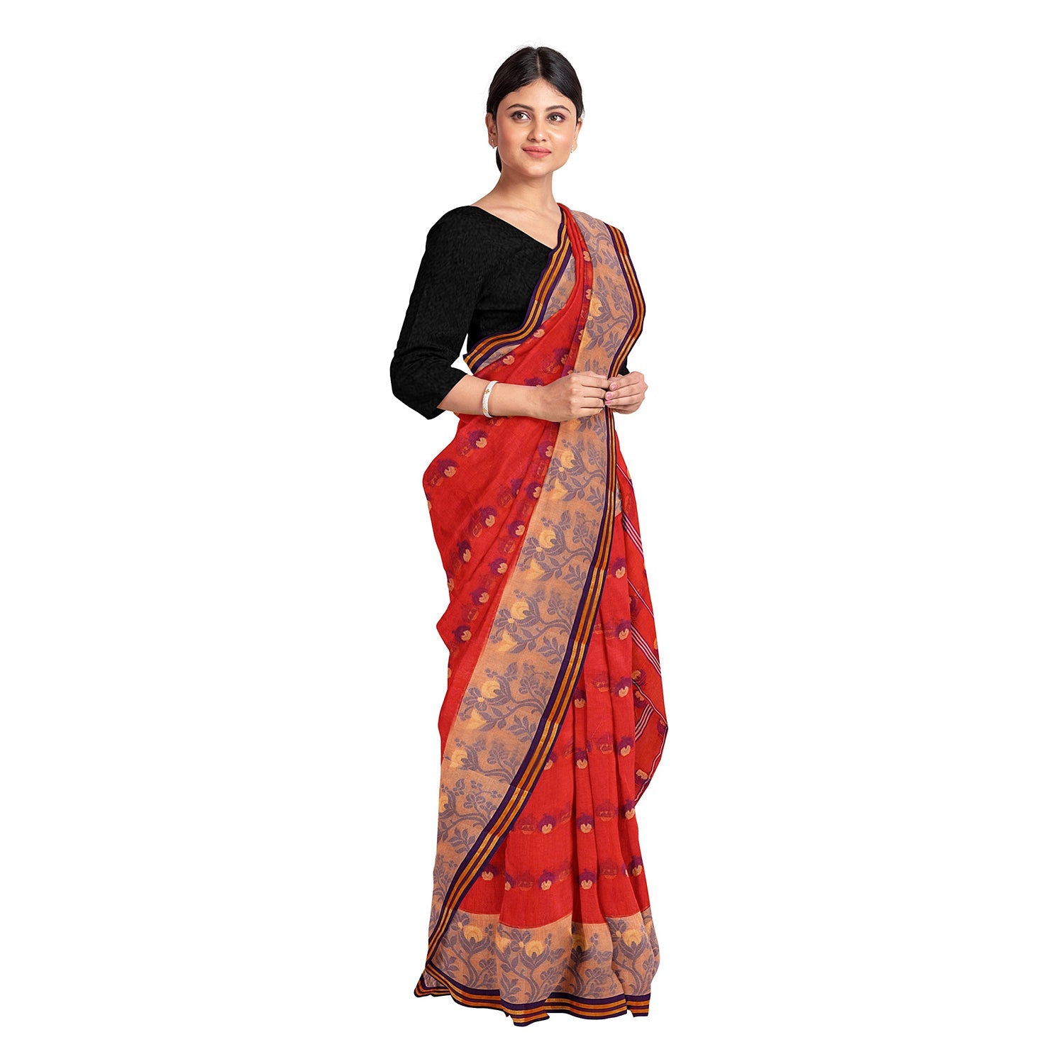 Exclusive Collection 100% Pure Cotton Red Tant Saree With Hand Weaving Work
