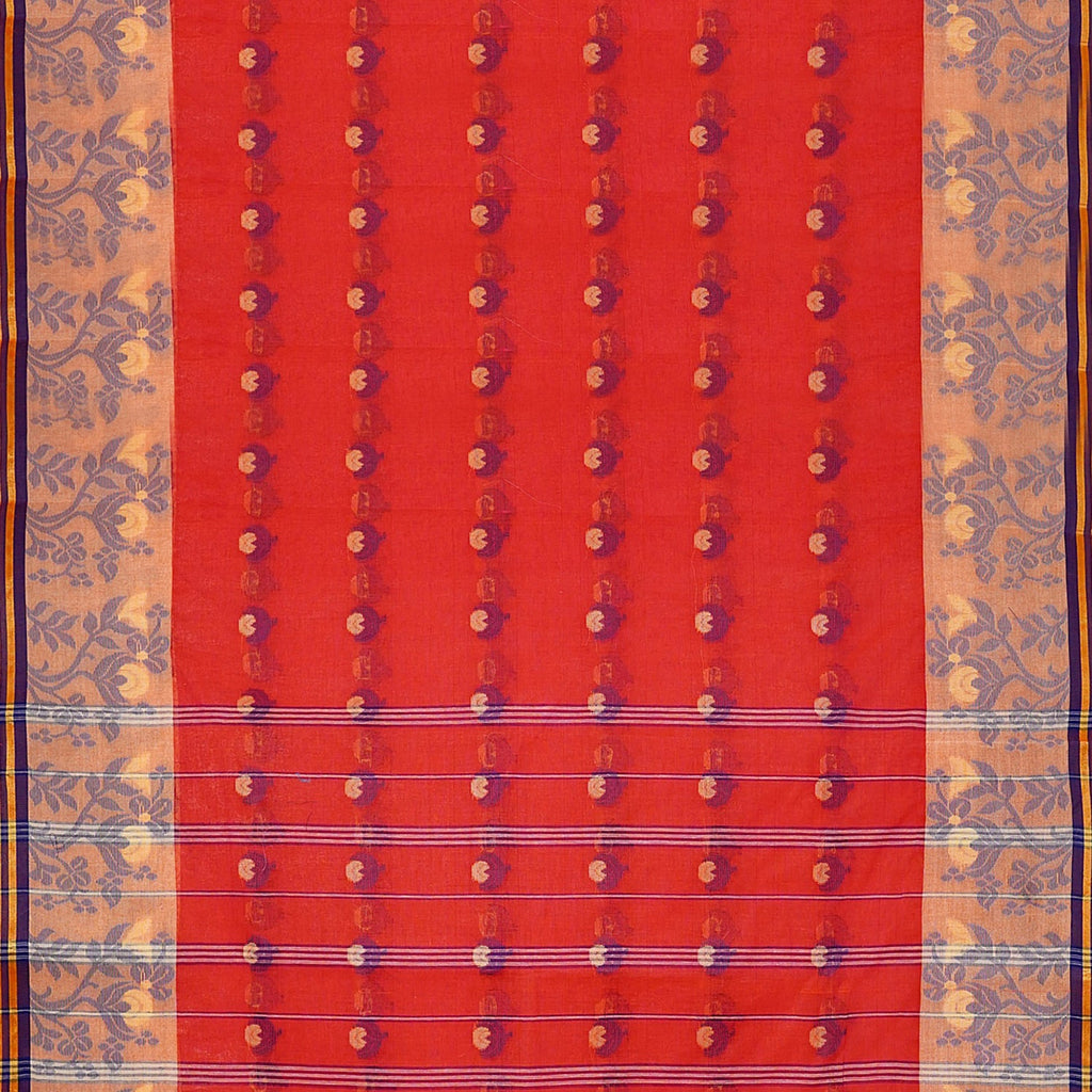 Exclusive Collection 100% Pure Cotton Red Tant Saree With Hand Weaving Work