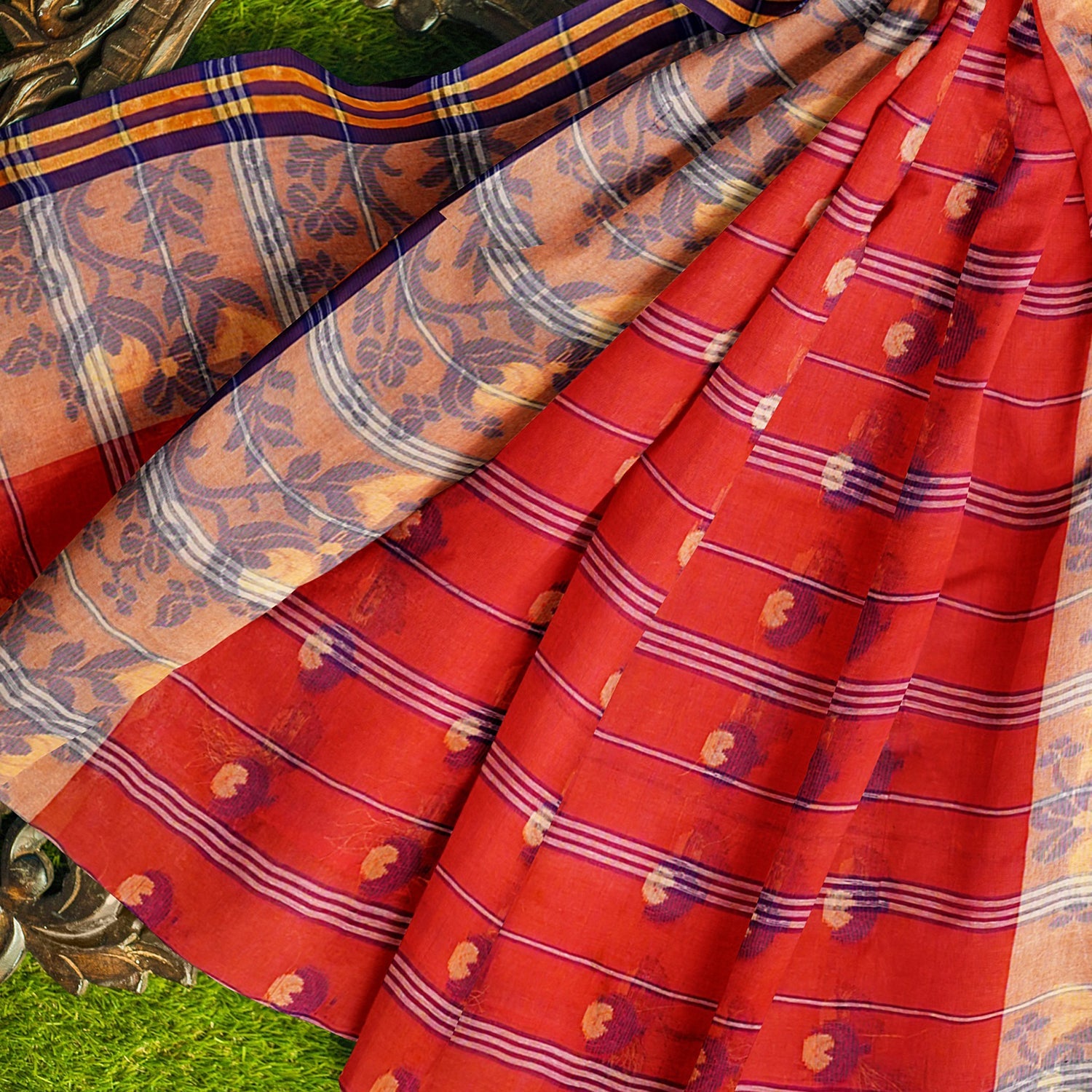 Exclusive Collection 100% Pure Cotton Red Tant Saree With Hand Weaving Work