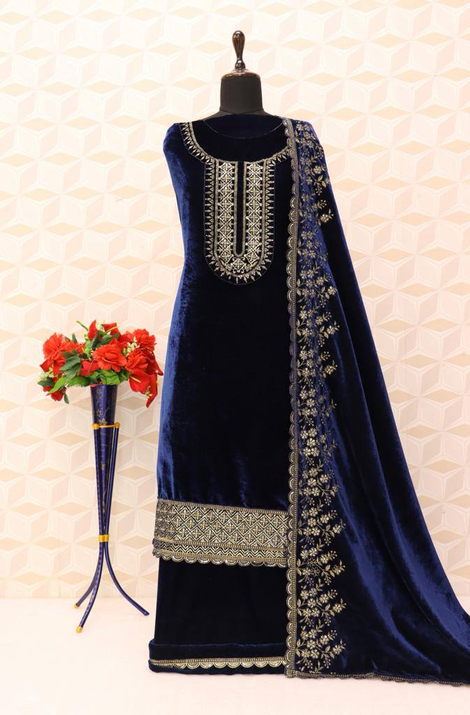 Lorenvalley Fashion Women Blue Velvet Embroidered Salwar Suit Material