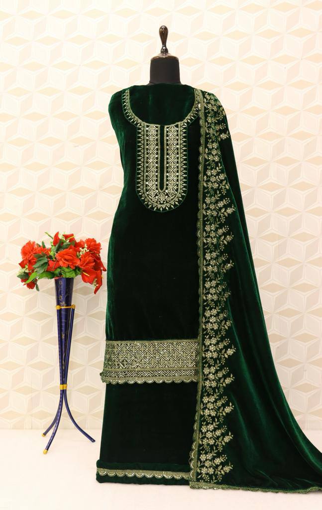 Lorenvalley Fashion Women Green Velvet Embroidered Salwar Suit Material