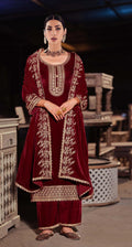 Lorenvalley Fashion Women Maroon Velvet Embroidered Salwar Suit Material