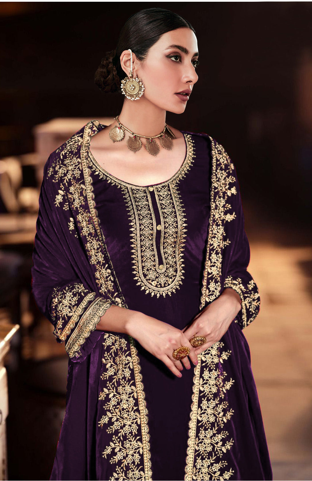 Lorenvalley Fashion Women Purple Velvet Embroidered Salwar Suit Material