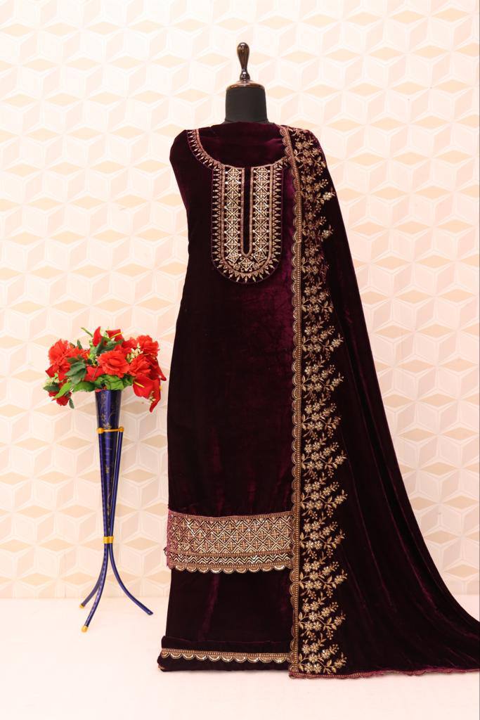 Lorenvalley Fashion Women Purple Velvet Embroidered Salwar Suit Material