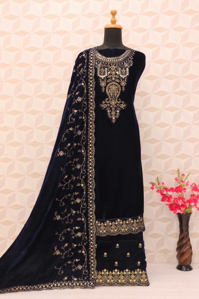 Lorenvalley Fashion Women Blue Velvet Embroidered Salwar Suit Material