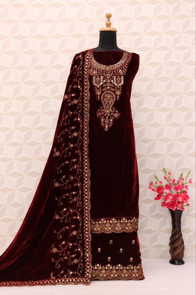 Lorenvalley Fashion Women Maroon Velvet Embroidered Salwar Suit Material