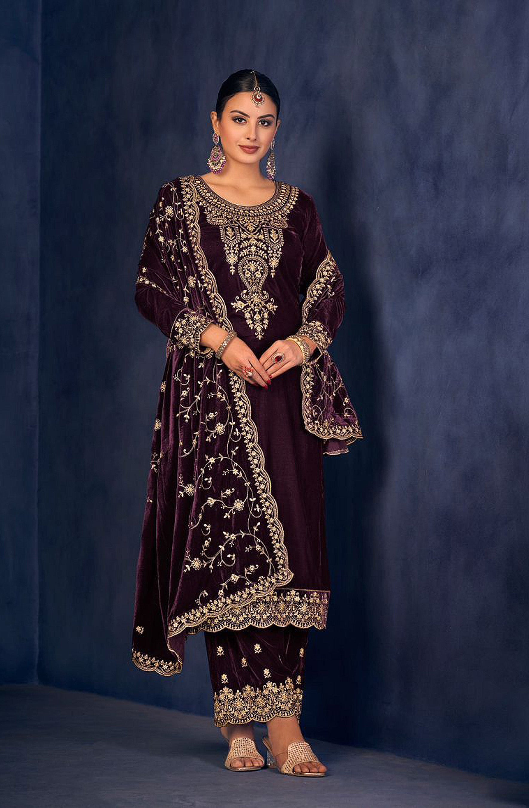 Lorenvalley Fashion Women Purple Velvet Embroidered Salwar Suit Material