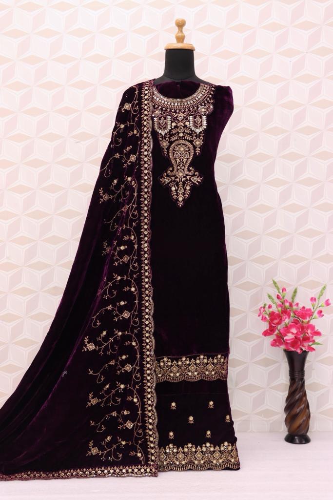 Lorenvalley Fashion Women Purple Velvet Embroidered Salwar Suit Material