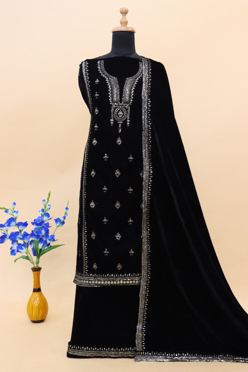 Lorenvalley Fashion Women Black Velvet Embroidered Salwar Suit Material