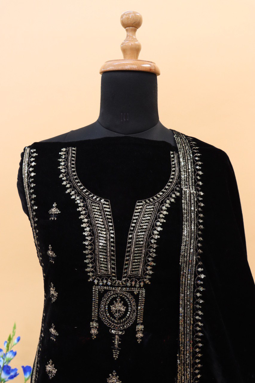 Lorenvalley Fashion Women Black Velvet Embroidered Salwar Suit Material