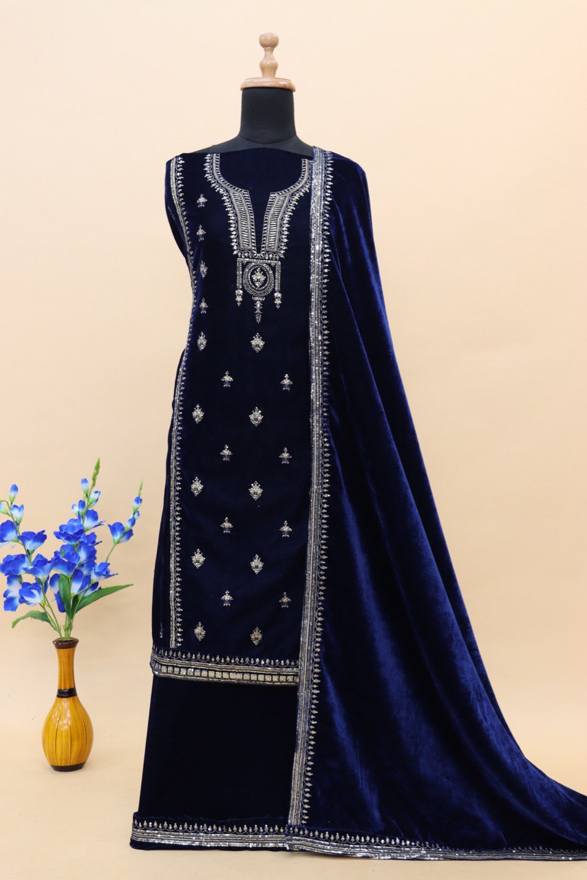 Lorenvalley Fashion Women Blue Velvet Embroidered Salwar Suit Material