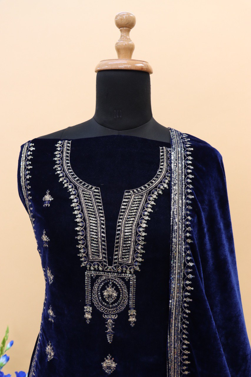 Lorenvalley Fashion Women Blue Velvet Embroidered Salwar Suit Material