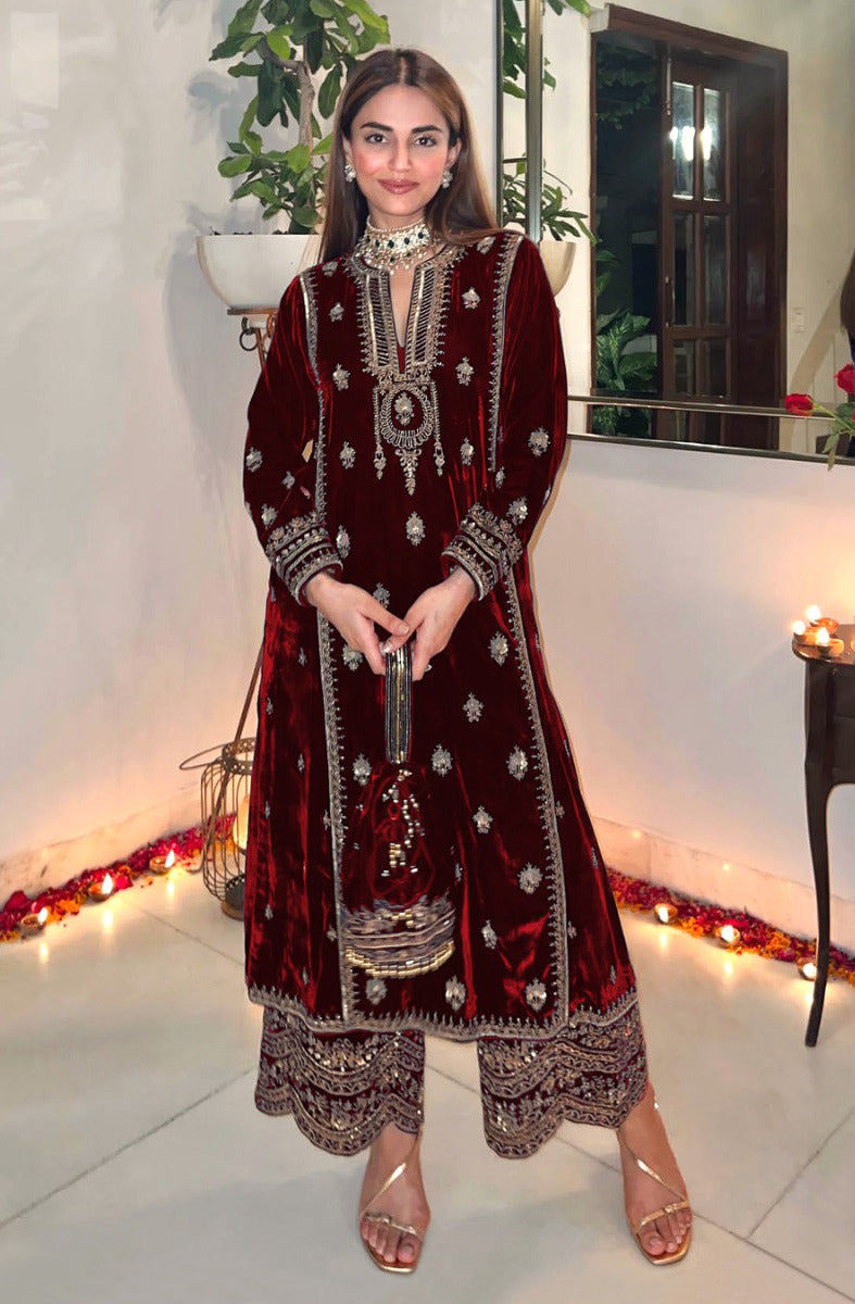 Lorenvalley Fashion Women Maroon Velvet Embroidered Salwar Suit Material