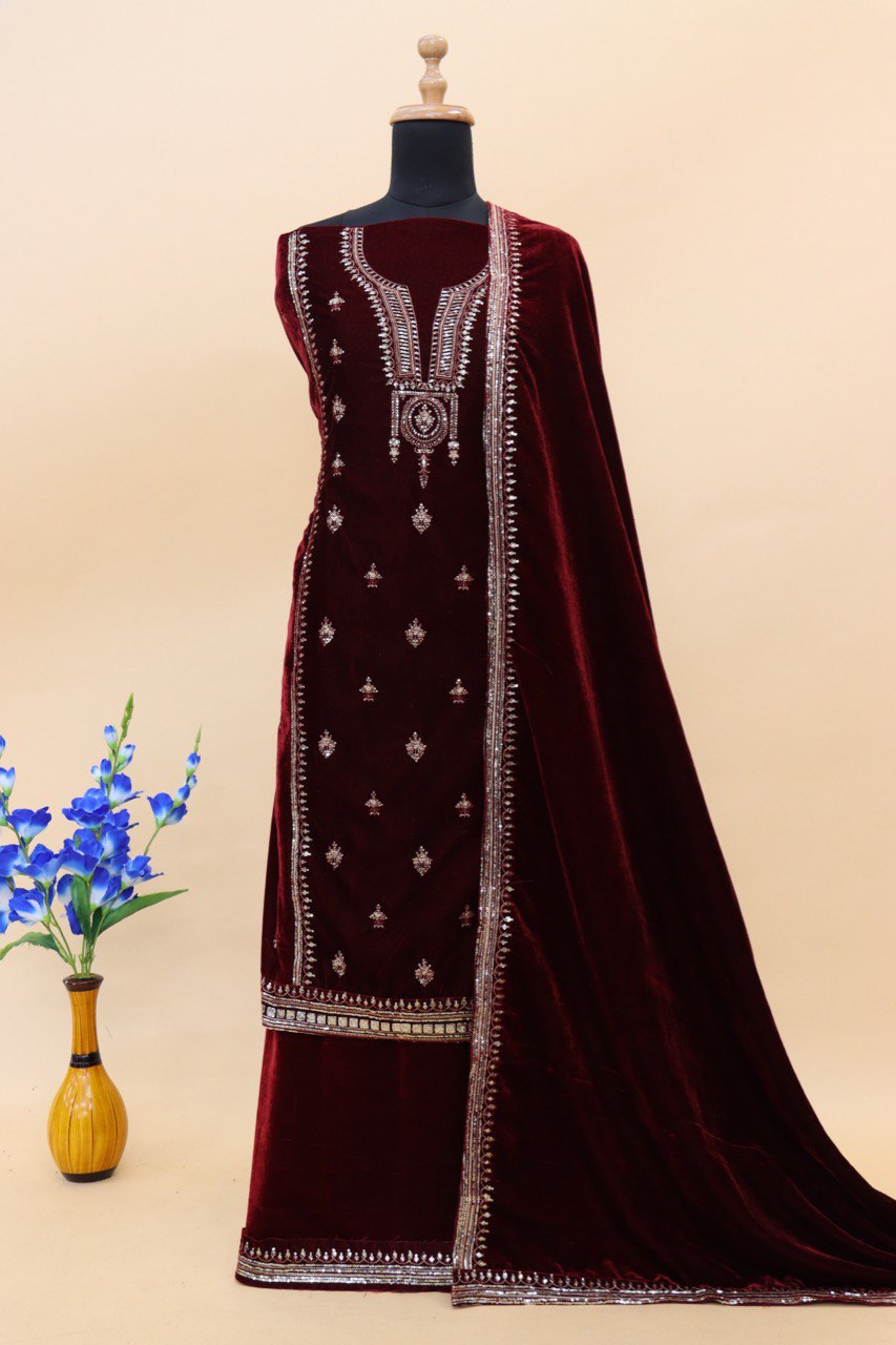 Lorenvalley Fashion Women Maroon Velvet Embroidered Salwar Suit Material