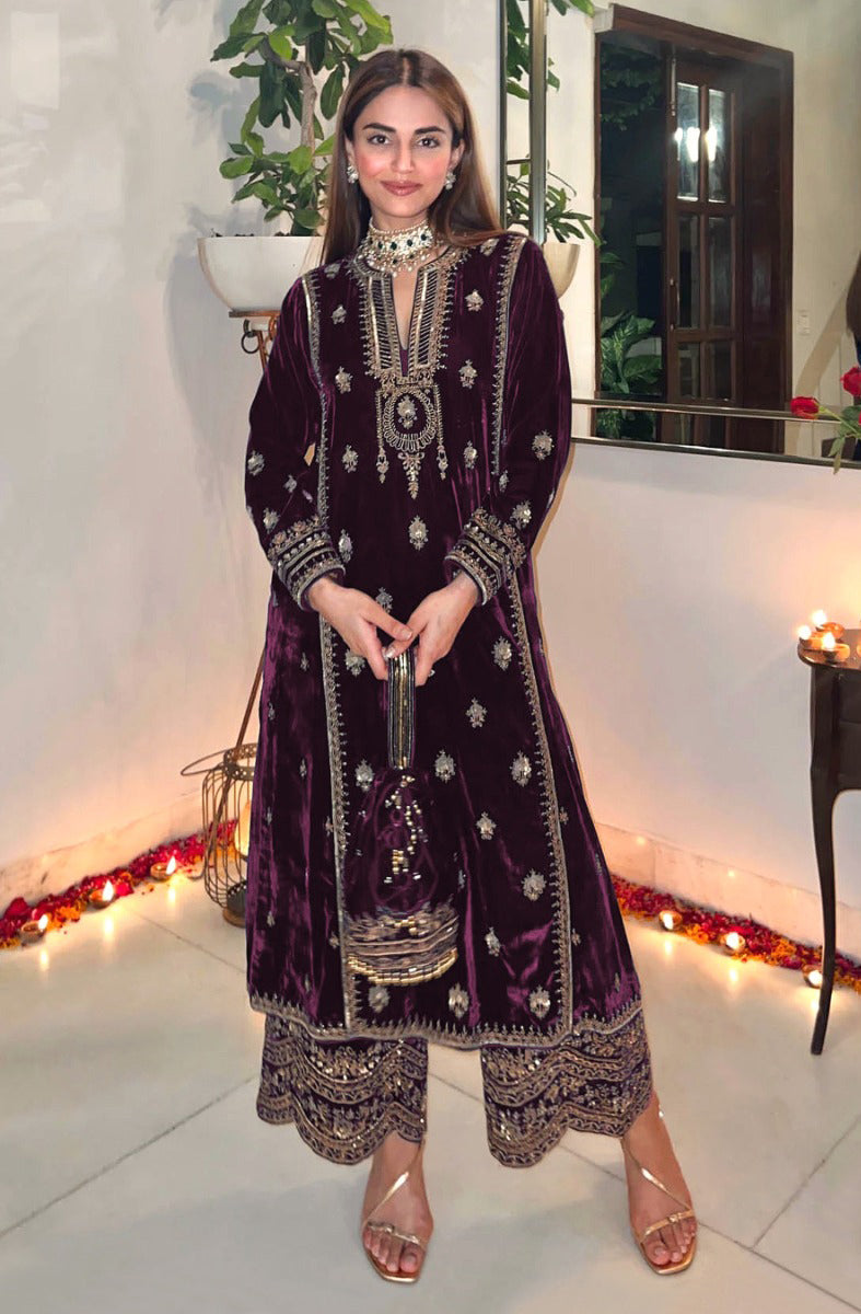 Lorenvalley Fashion Women Purple Velvet Embroidered Salwar Suit Material