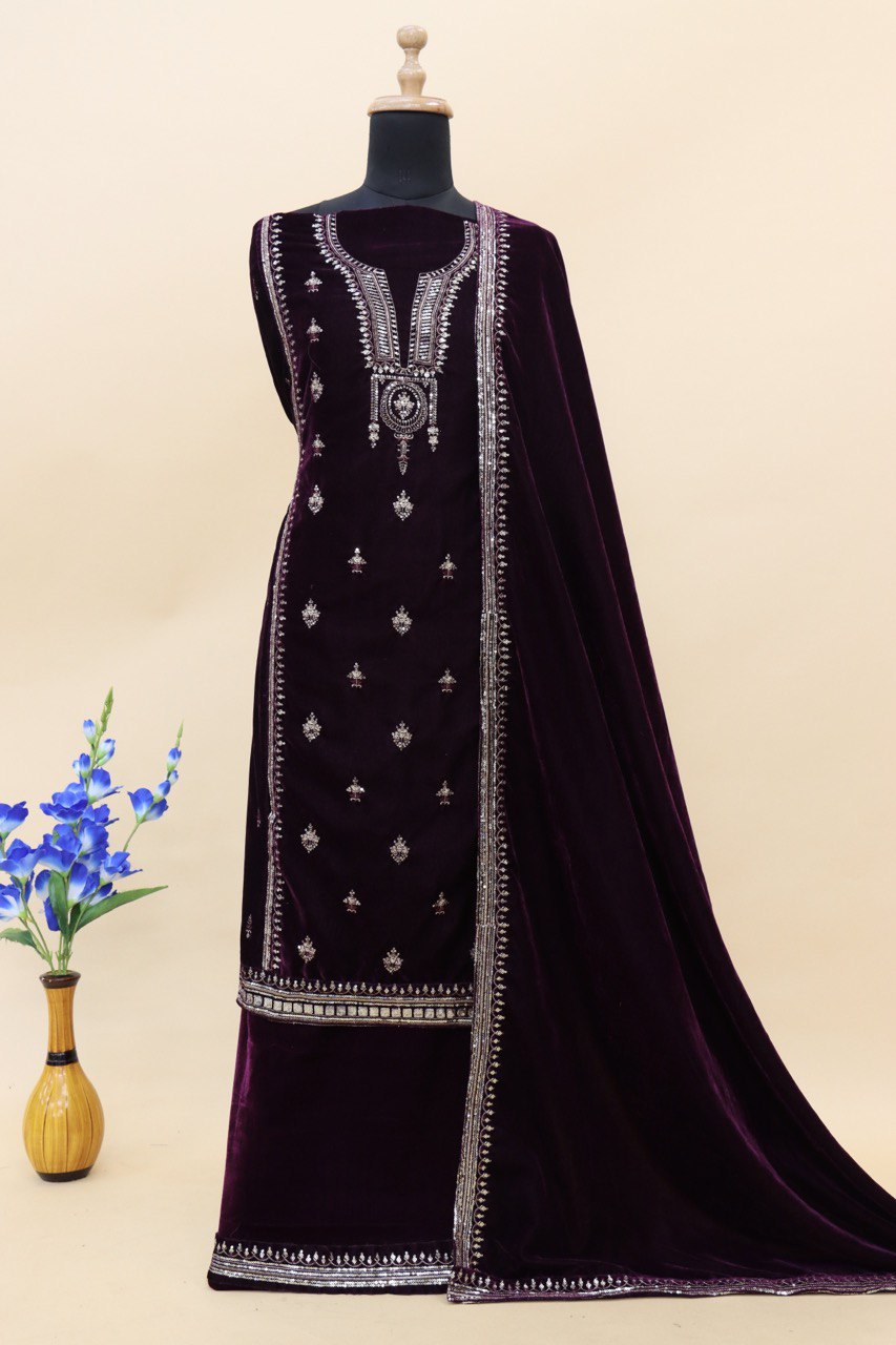 Lorenvalley Fashion Women Purple Velvet Embroidered Salwar Suit Material