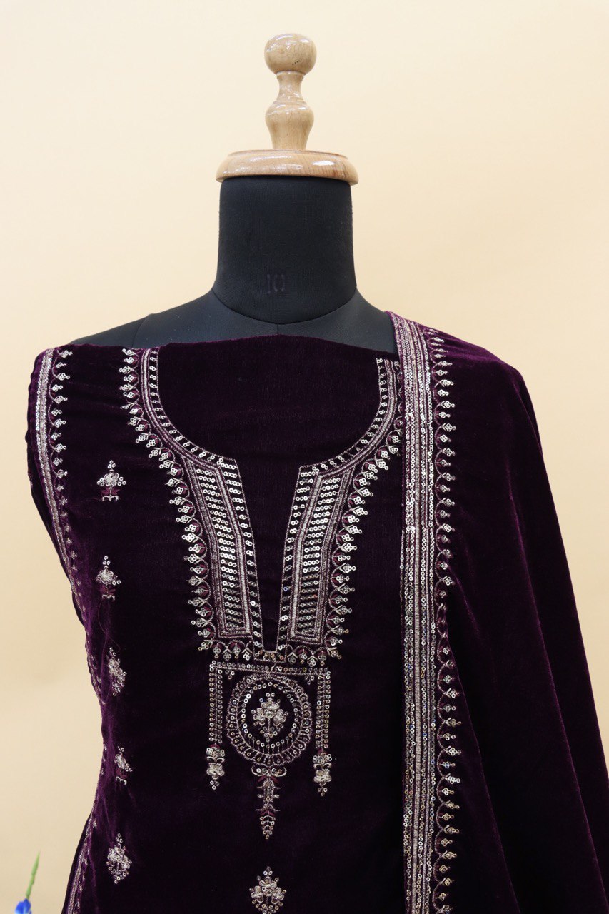 Lorenvalley Fashion Women Purple Velvet Embroidered Salwar Suit Material