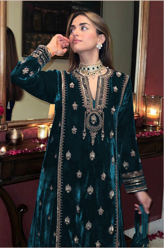 Lorenvalley Fashion Women Rama Velvet Embroidered Salwar Suit Material