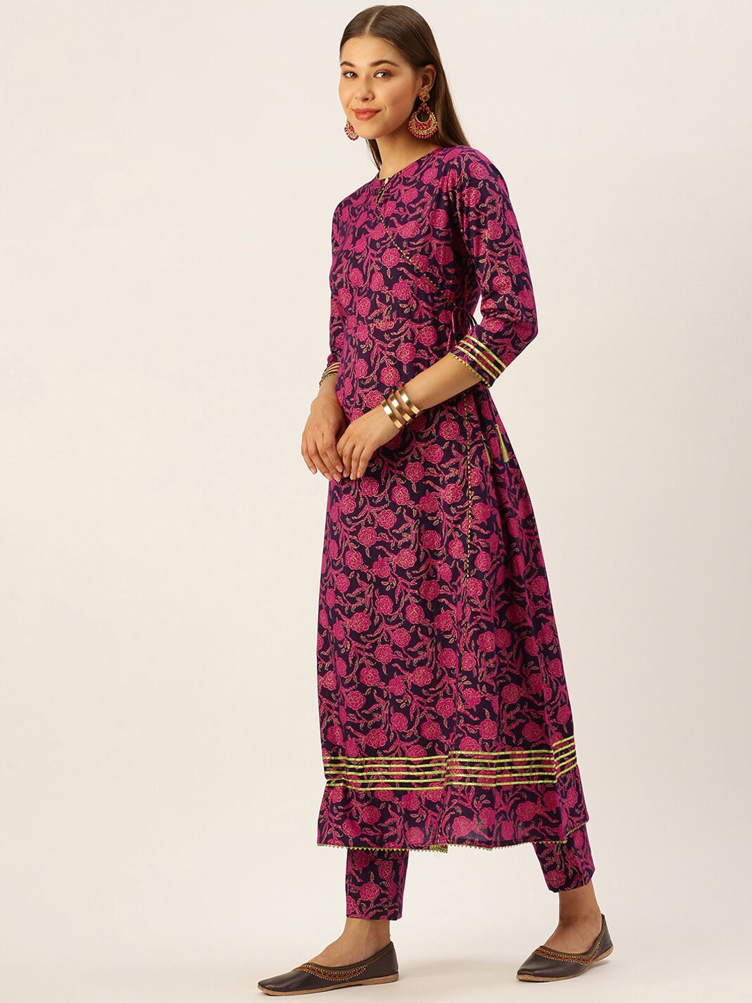 HERE&NOW Women Pink & Navy Blue Printed Pure Cotton Kurta with Trousers & With Dupatta