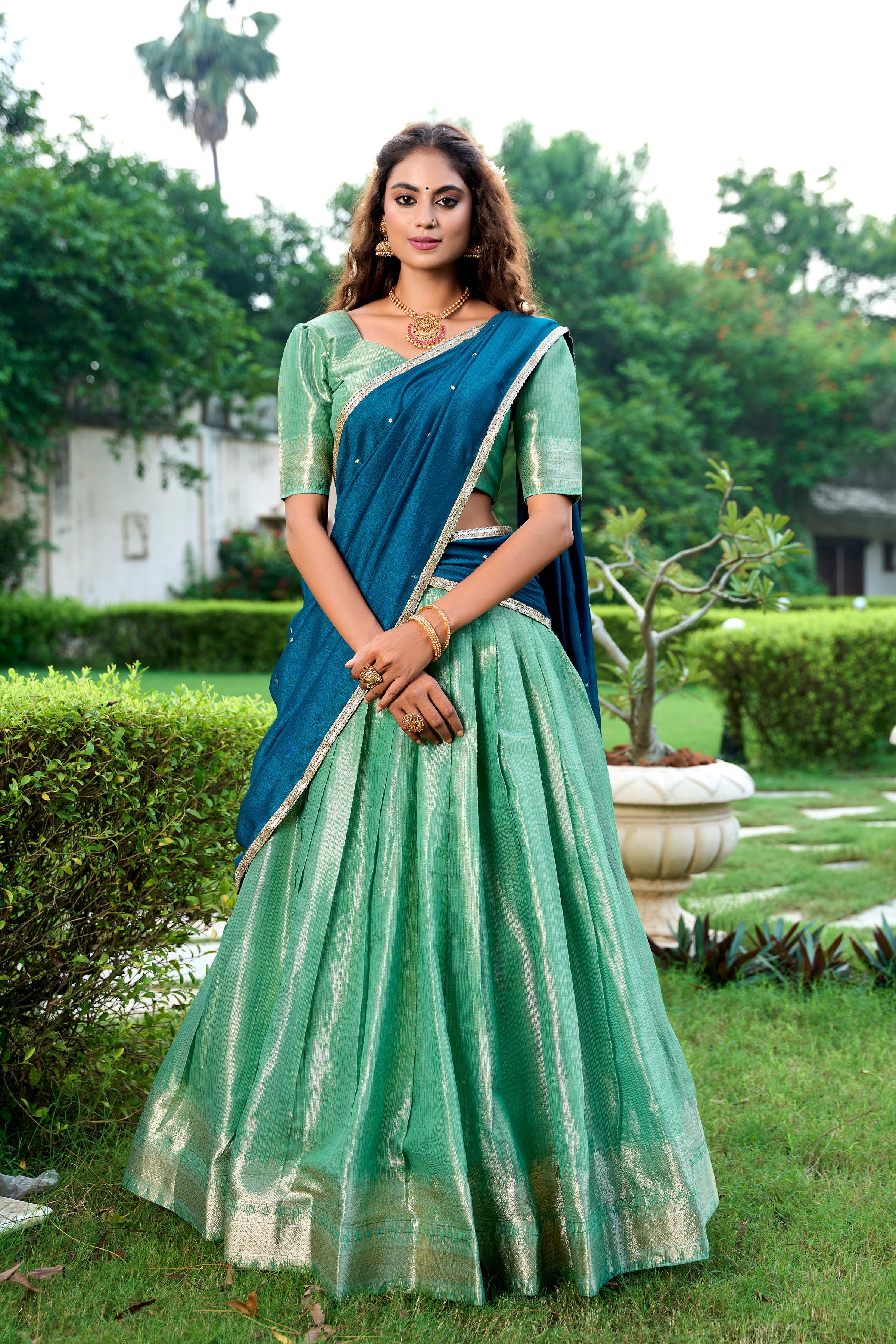 Lorenvalley Pista Kanchipuram Zari Weaving Work Lehenga Choli with Dupatta