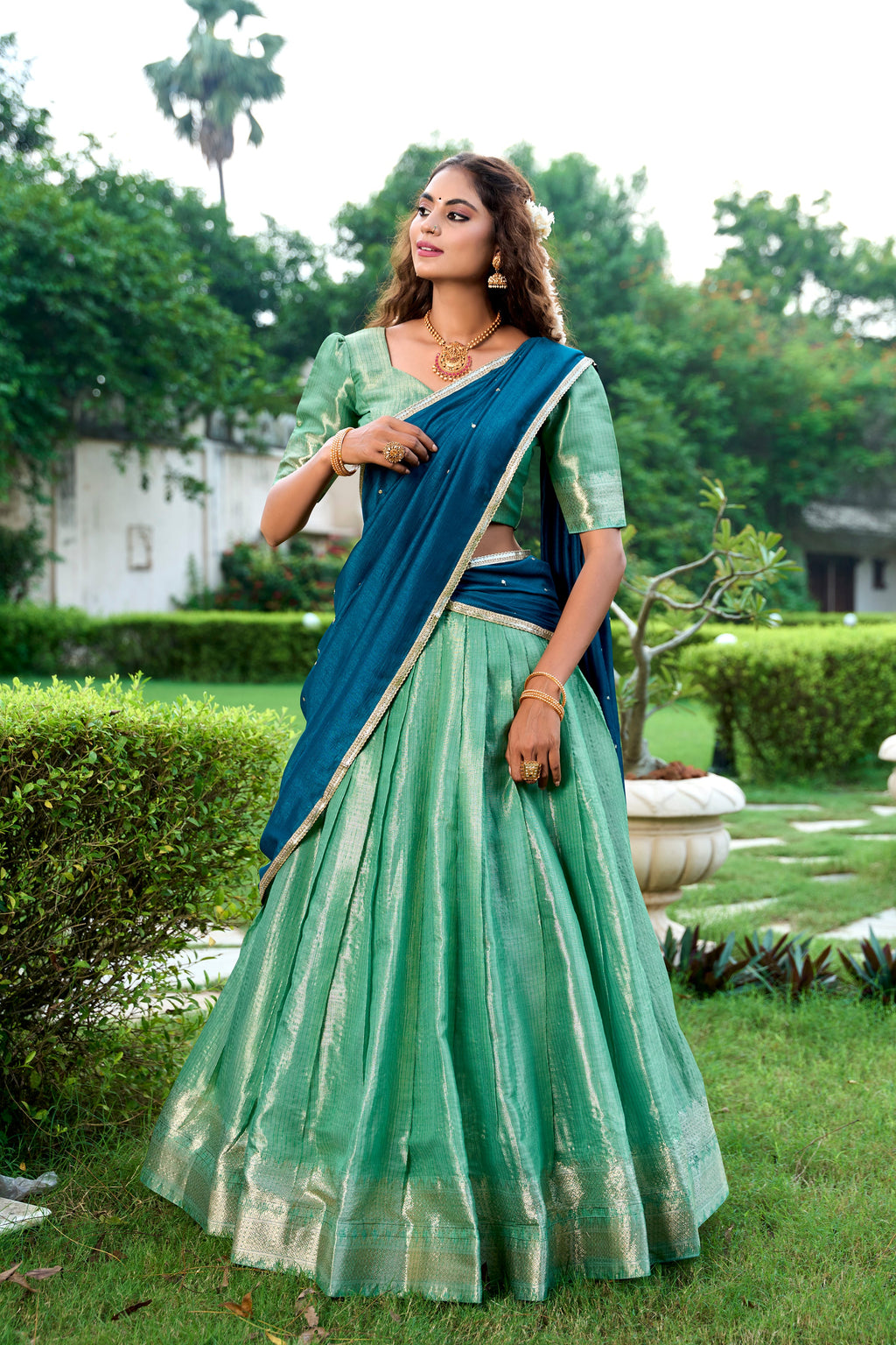 Lorenvalley Pista Kanchipuram Zari Weaving Work Lehenga Choli with Dupatta