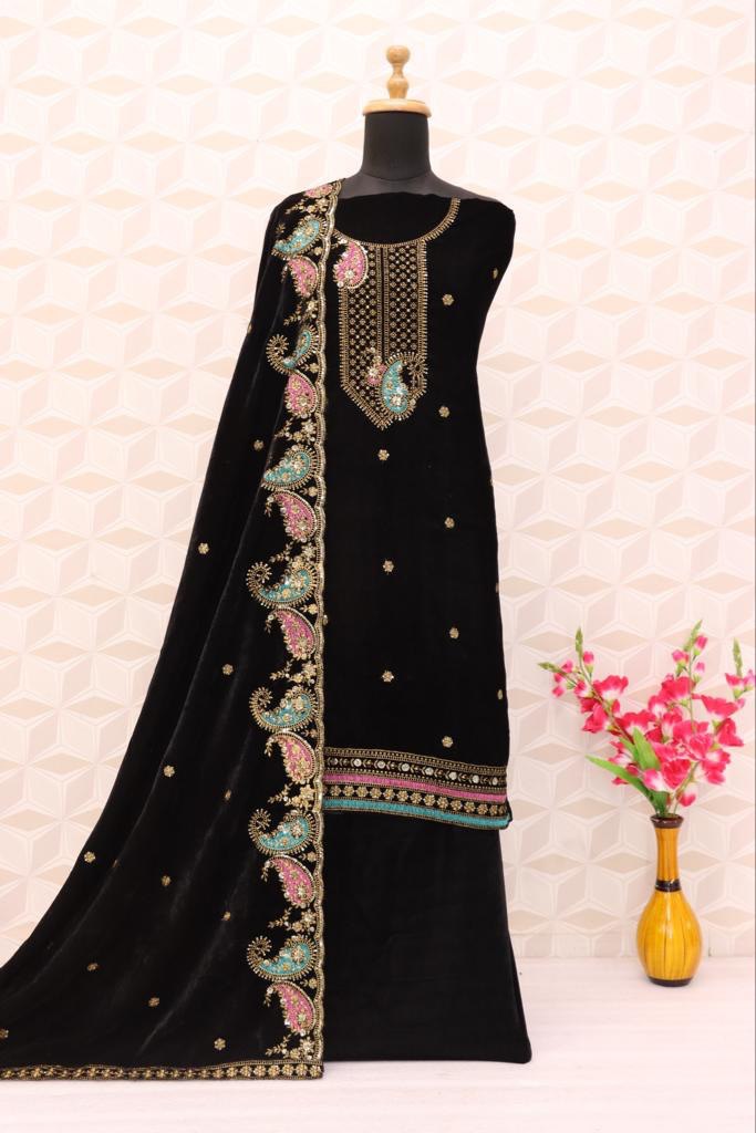 Lorenvalley Fashion Women Black Velvet Embroidered Salwar Suit Material