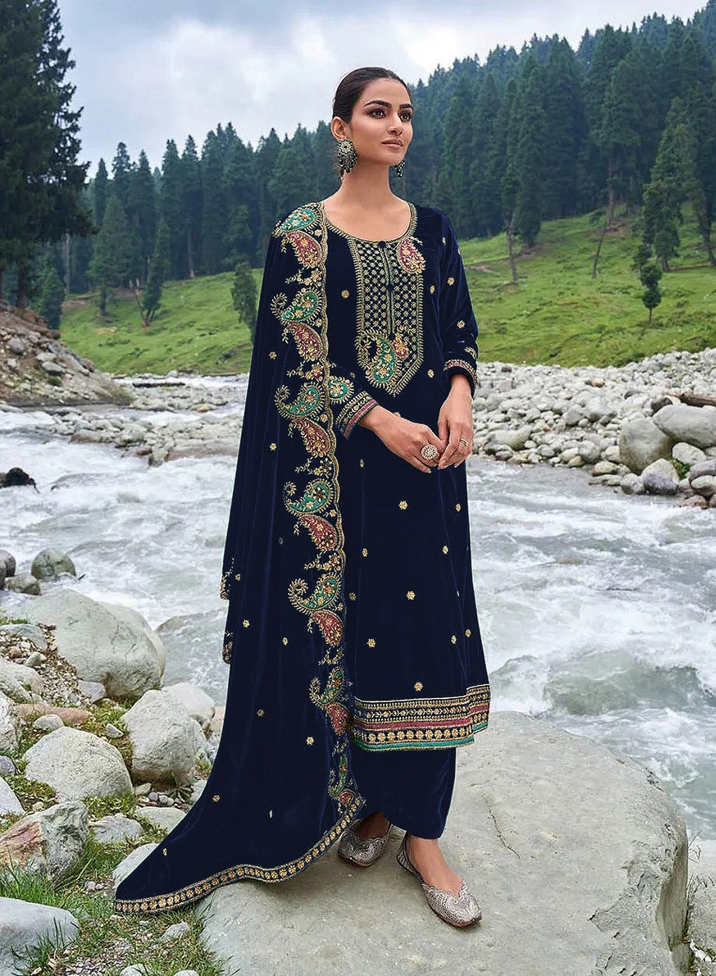 Lorenvalley Fashion Women Blue Velvet Embroidered Salwar Suit Material